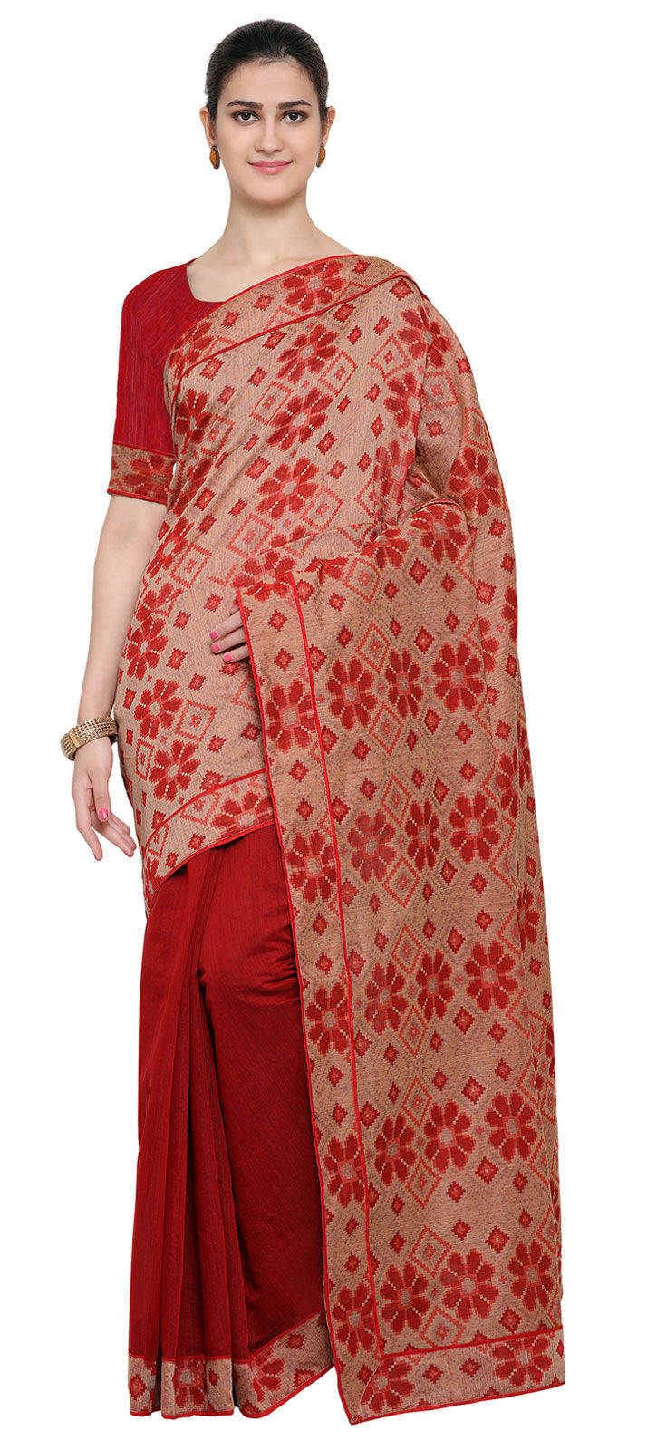 Wome Beige And Red Dual Tone Printed Saree With Atteched Blouse Piece main image 0