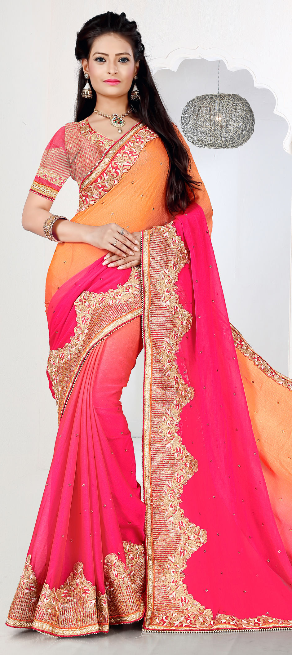 748778 Orange,Pink and Majenta color family Embroidered Sarees,Party