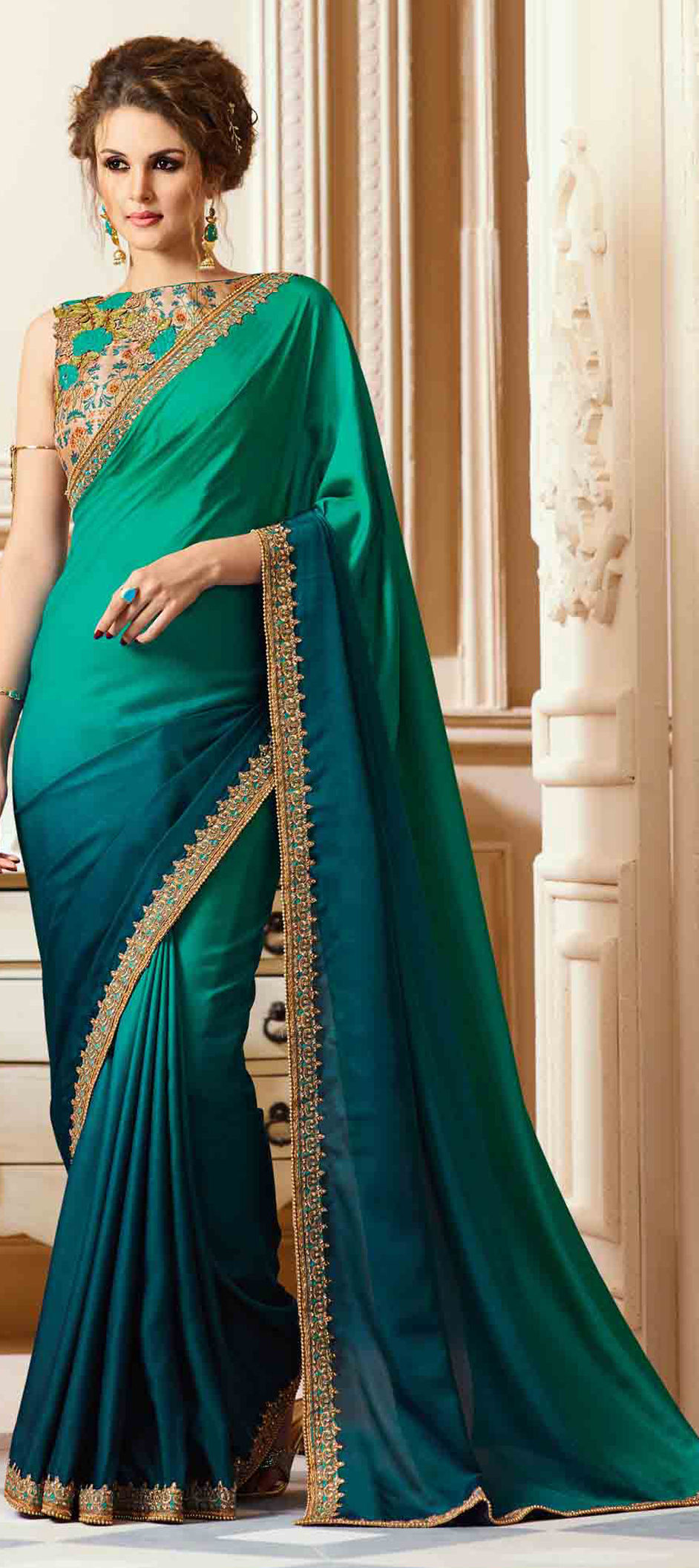 748892: Blue,Green color family Silk Sarees with matching unstitched ...