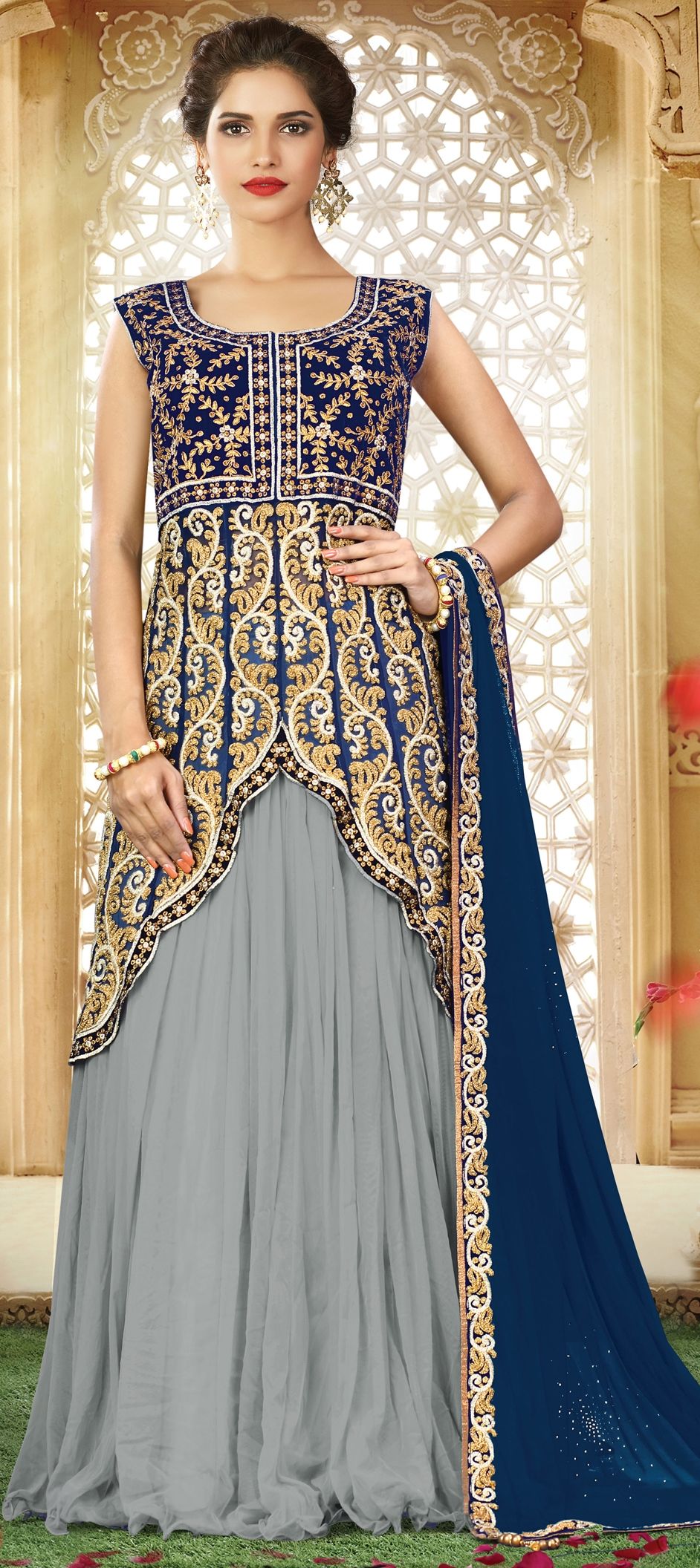 Grey Lehenga style Anarkali Semi-Stitched Lehenga Choli main image 1