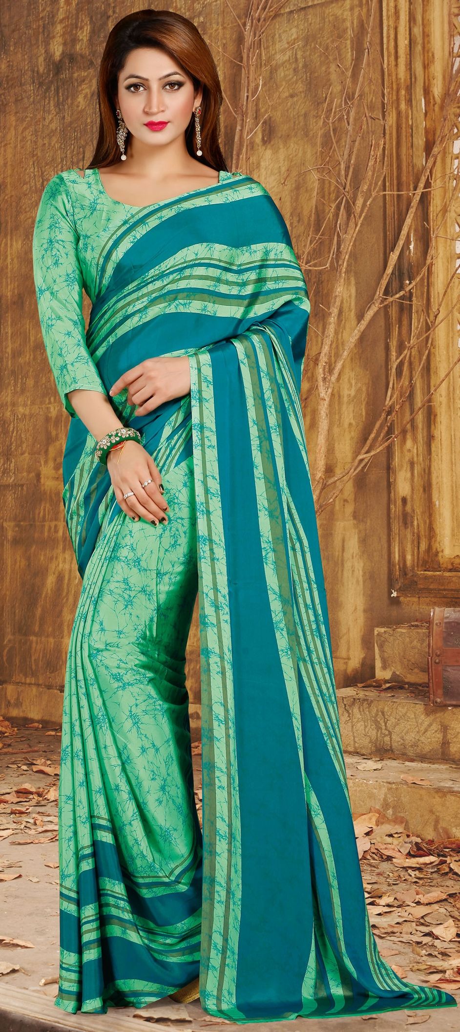 Slime Green Crepe Silk Saree main image 1