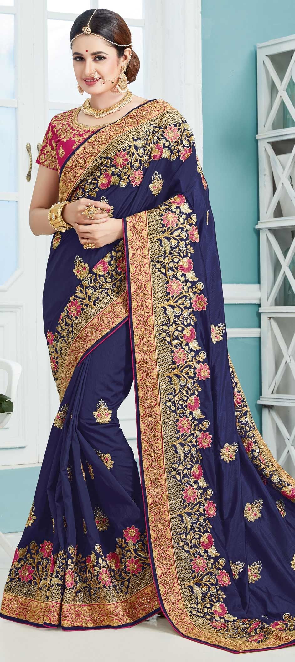 Buy Navy Blue South Silk Saree online-Karagiri – Karagiri Global