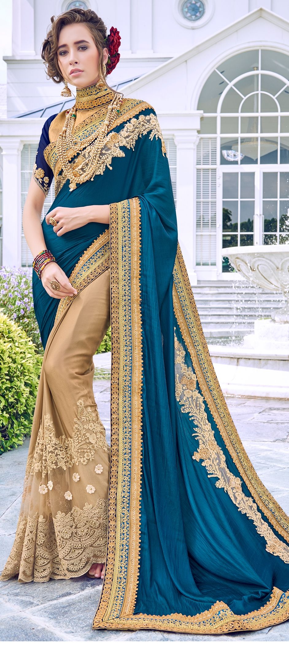 761498: Beige and Brown, Blue color family Embroidered Sarees, Party ...