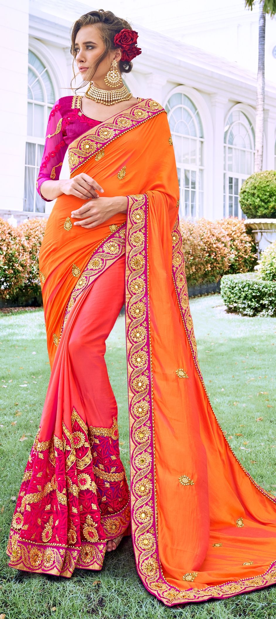 761503 Orange, Pink and Majenta color family Embroidered Sarees, Party