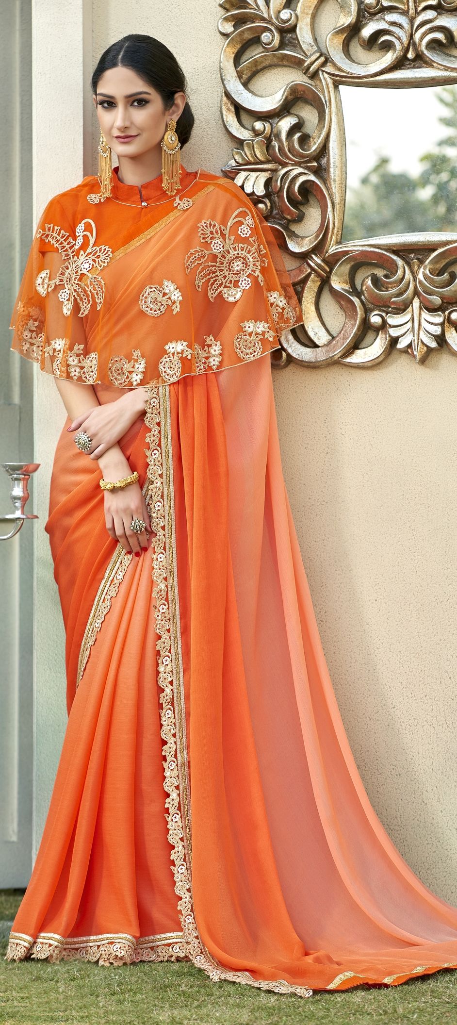 762621: Orange color family Party Wear Sarees with matching
