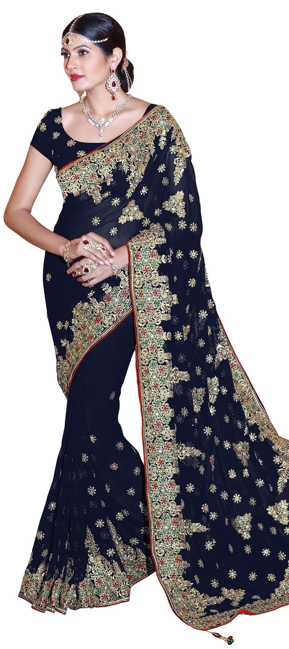 Midnight Blue Floral Printed & Embroidered Crepe Party Wear Saree