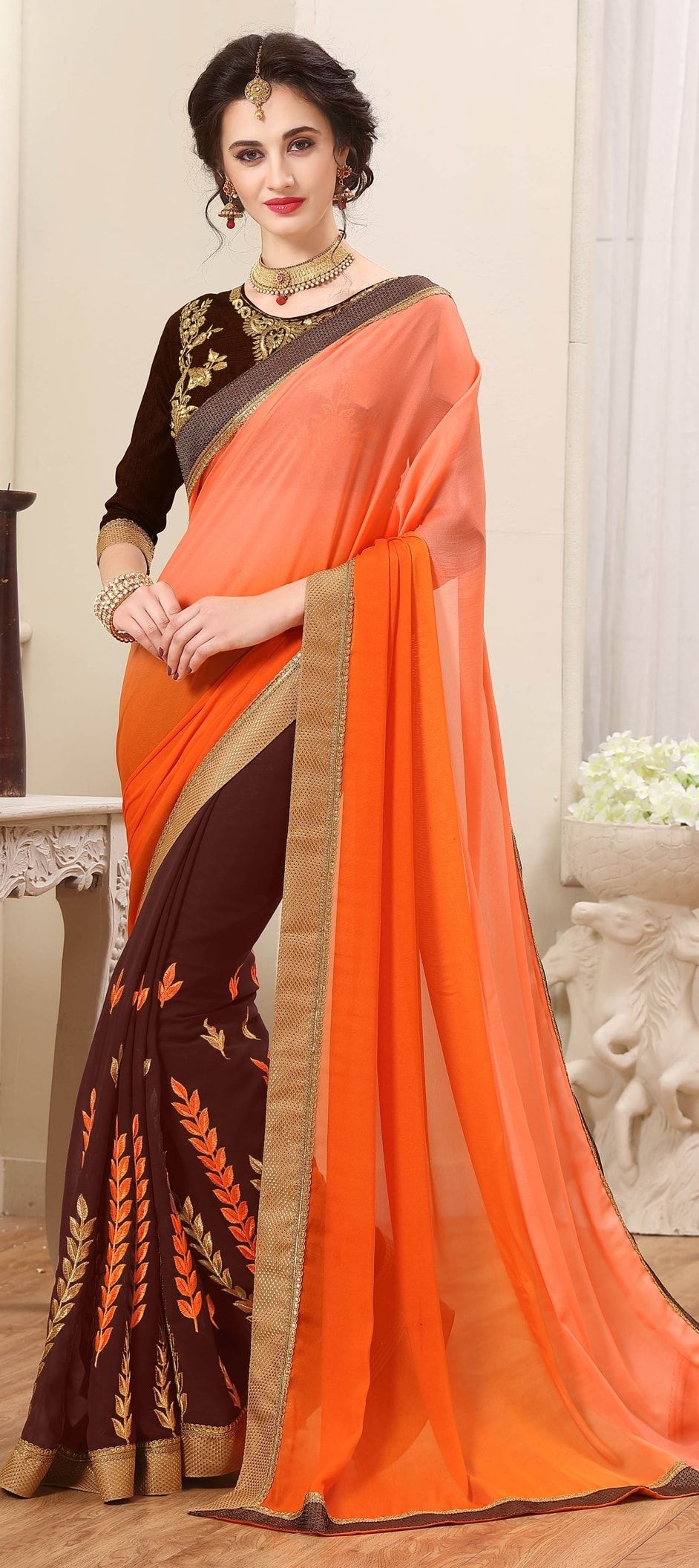 Black and Orange color silk sarees with all over digital printed with  paithani woven big jari