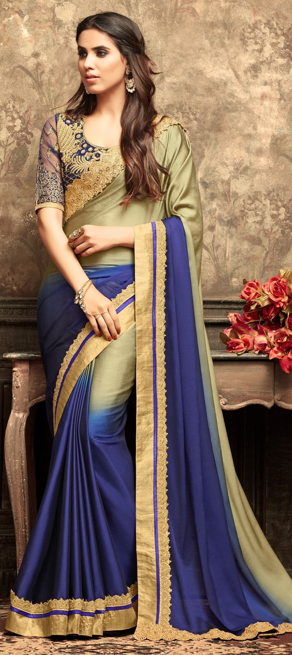 Party Wear Blue Gold Color Faux Georgette Fabric Saree 768119