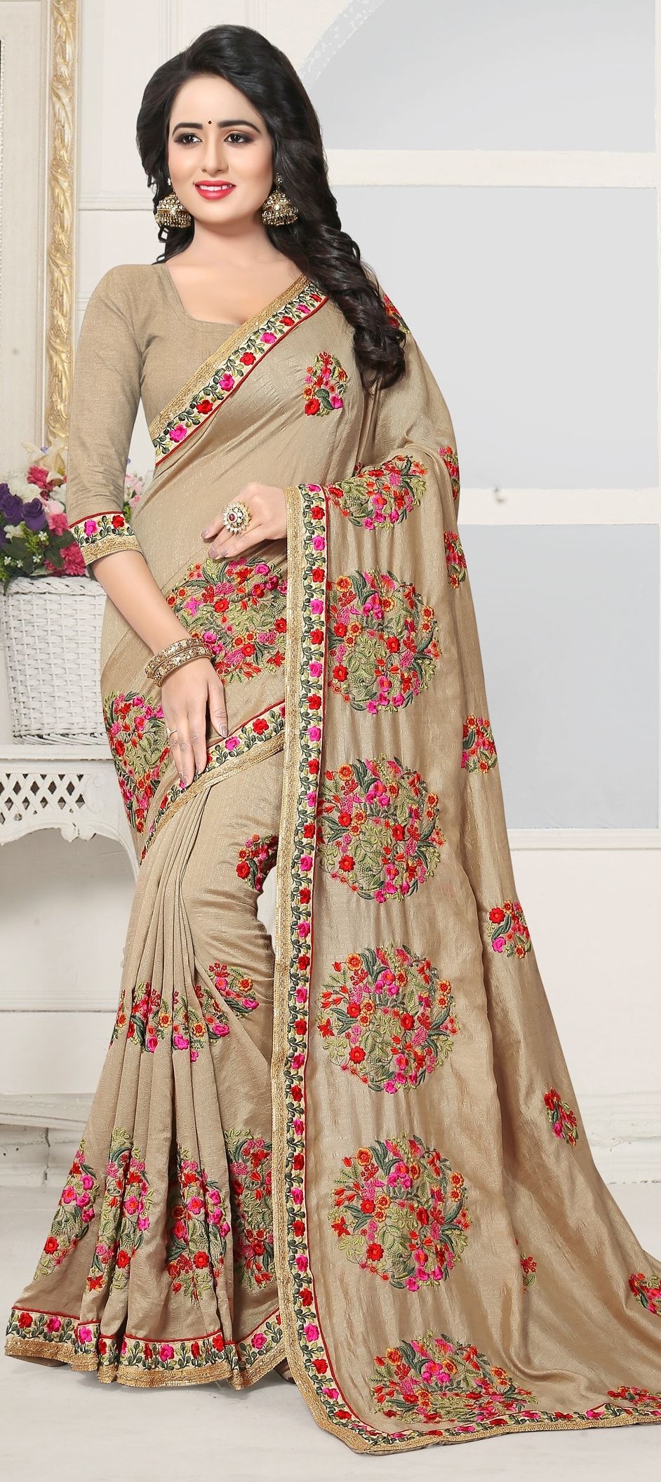 Beige Silk Embroidered Saree Set