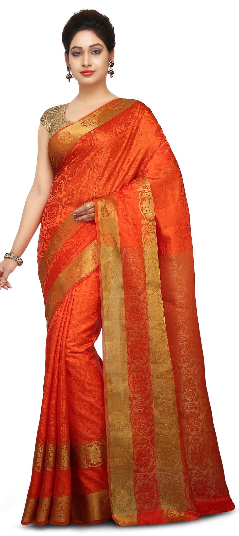 Festive Wear – Patola Silk body Fanta orange golden butta & Border Navy  Blue – SareesZone