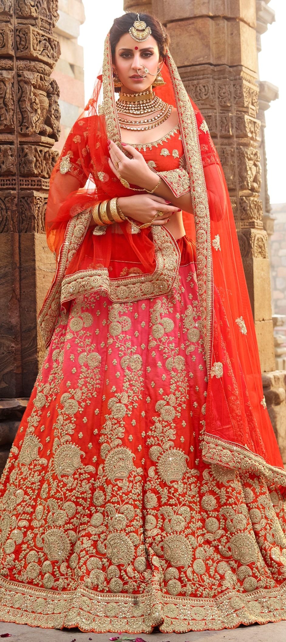 pink and orange bridal lehenga