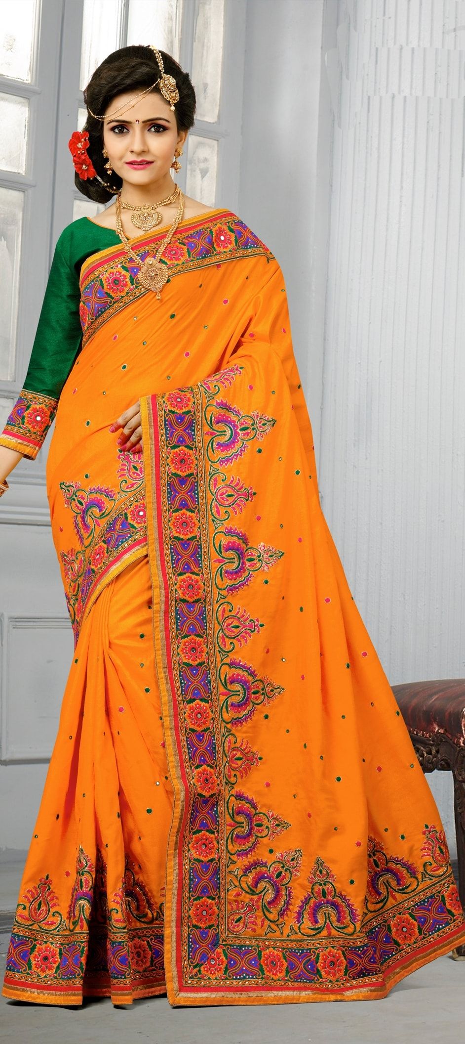 Grey Orange Silk Saree main image 0