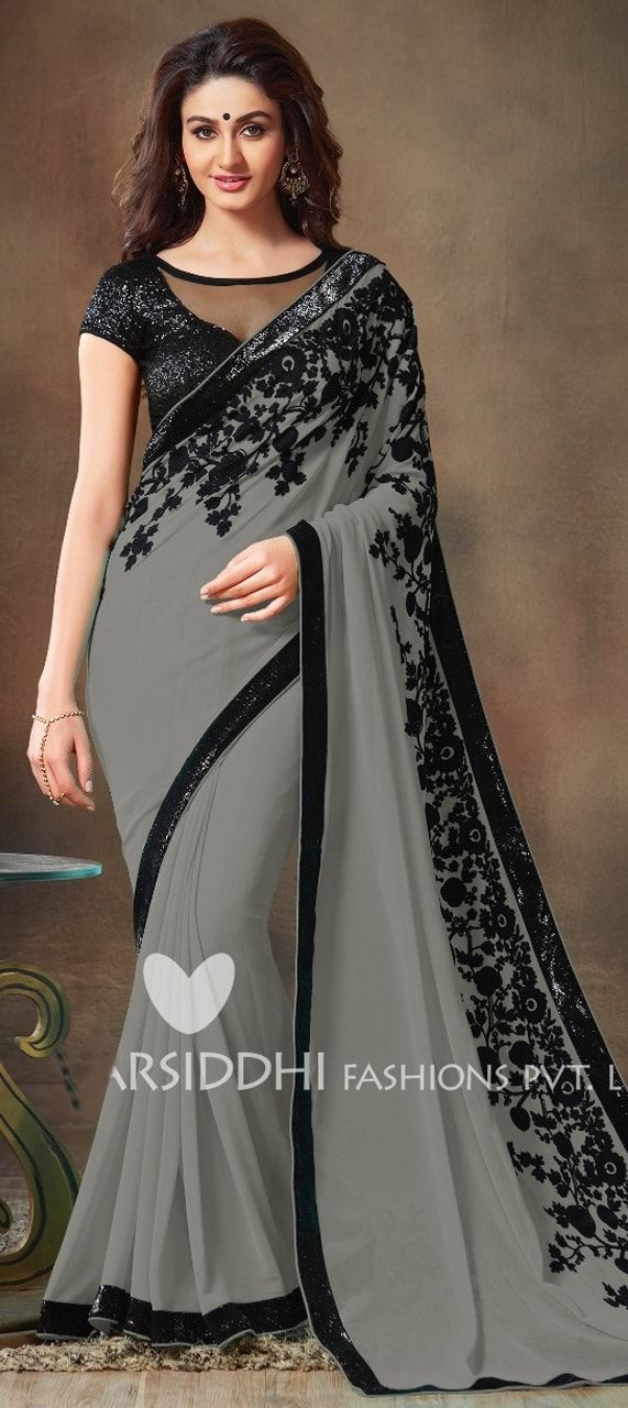 Wedding Party Grey to Black Shaded Net Embroidered Designer Saree
