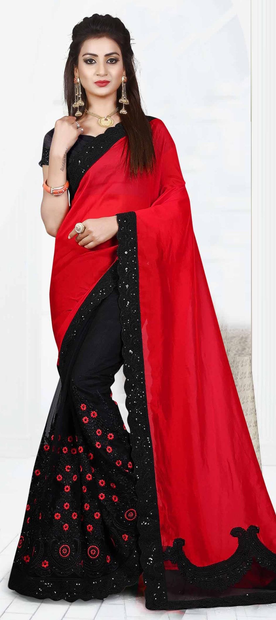 red and black saree party wear