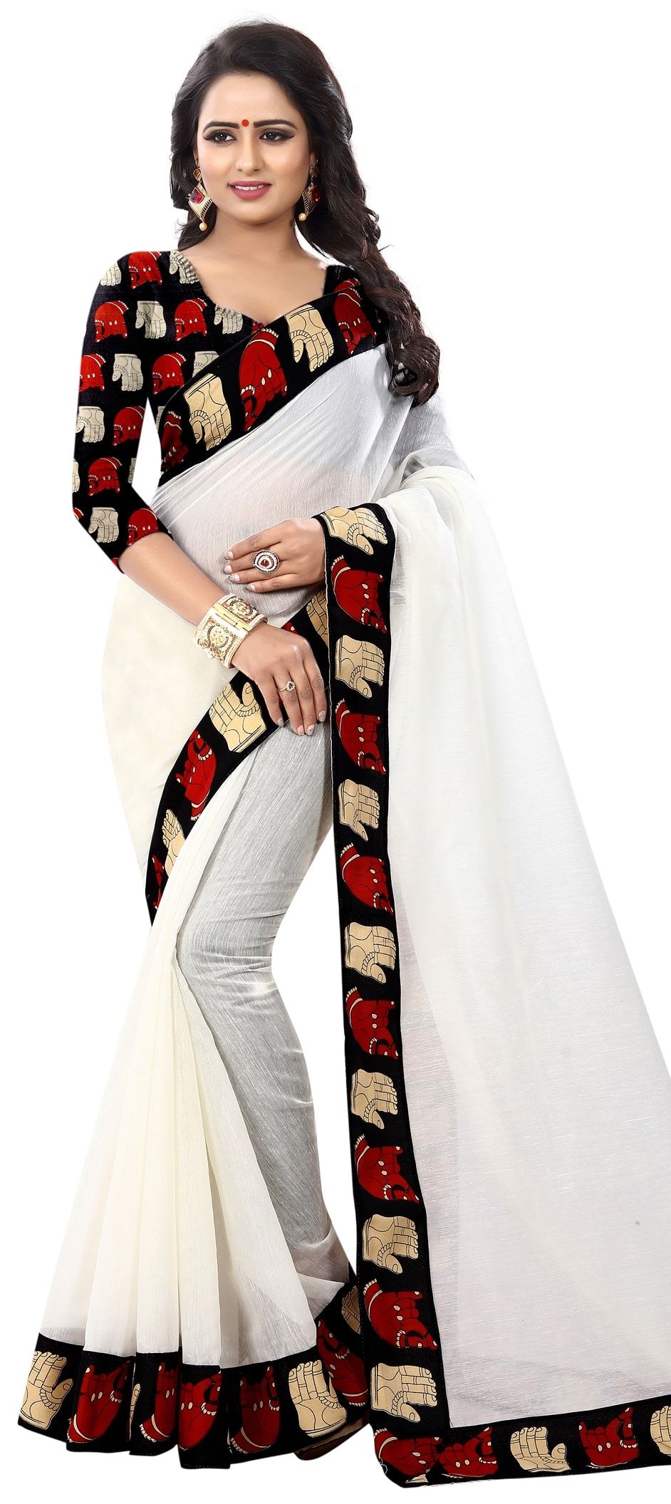 Off White Printed Cotton Saree With Unstitched Blouse Piece main image 0