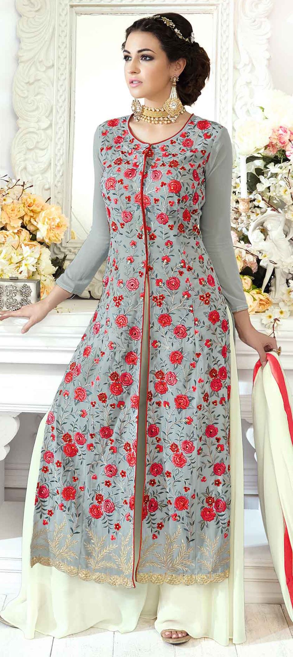 grey color anarkali dress Grey border anarkali – YoshnasByEla