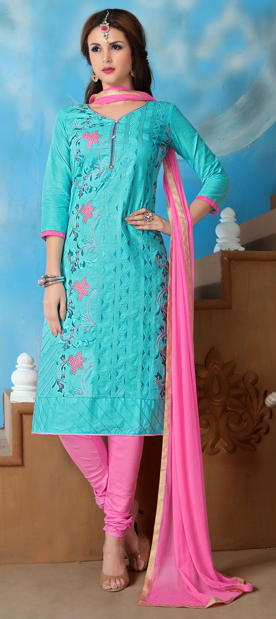 900178: Blue color family unstitched Cotton Salwar Kameez, Party Wear ...