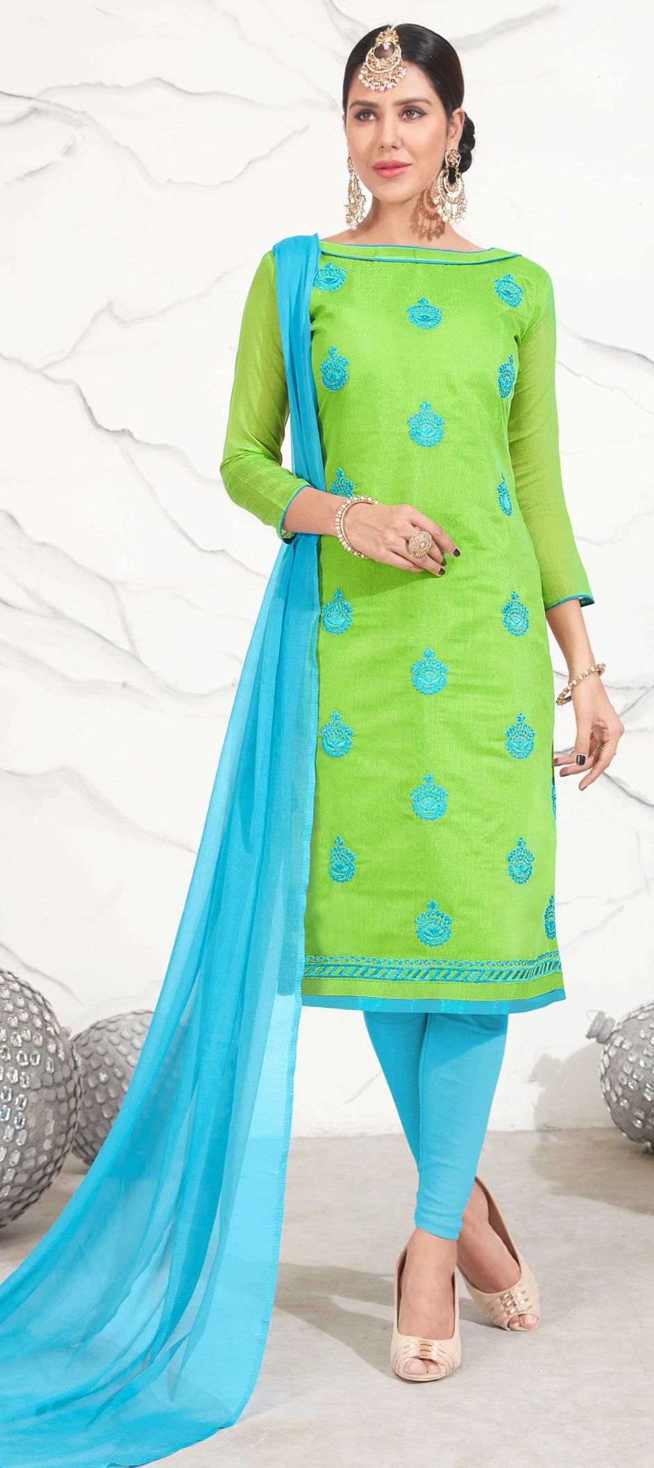 Party Wear Green color Cotton fabric Salwar Kameez 903129