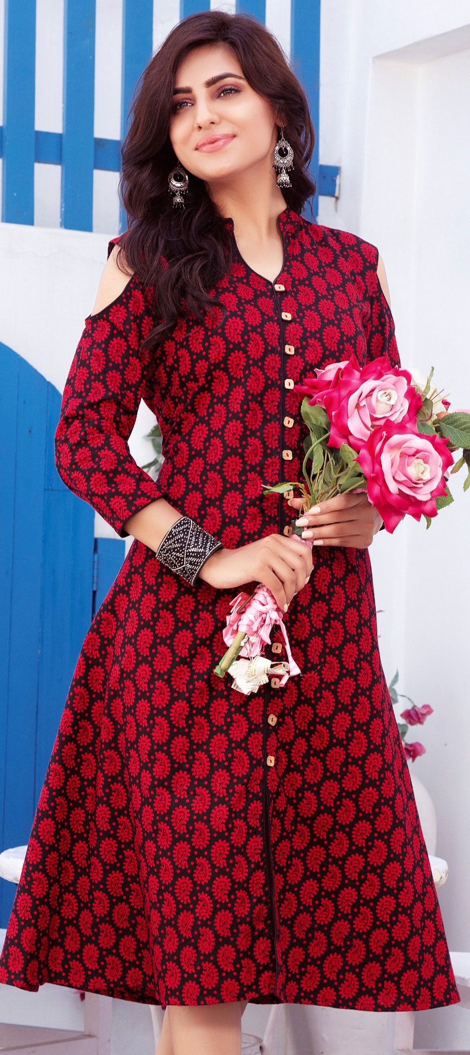 Casual Black and Grey, Red and Maroon color Cotton fabric Kurti : 904454 Casual Black and Grey, Red and Maroon color Cotton fabric Kurti : 904454