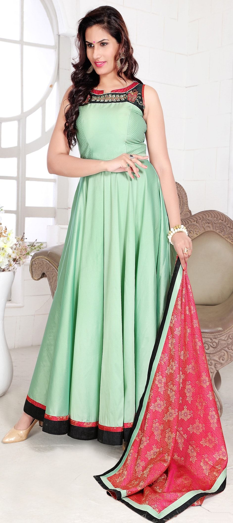 Granite Green Pant style Anarkali Semi-Stitched Salwar Kameez