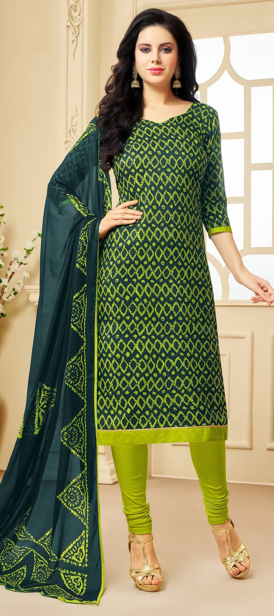 906579: Green color family unstitched Cotton Salwar Kameez