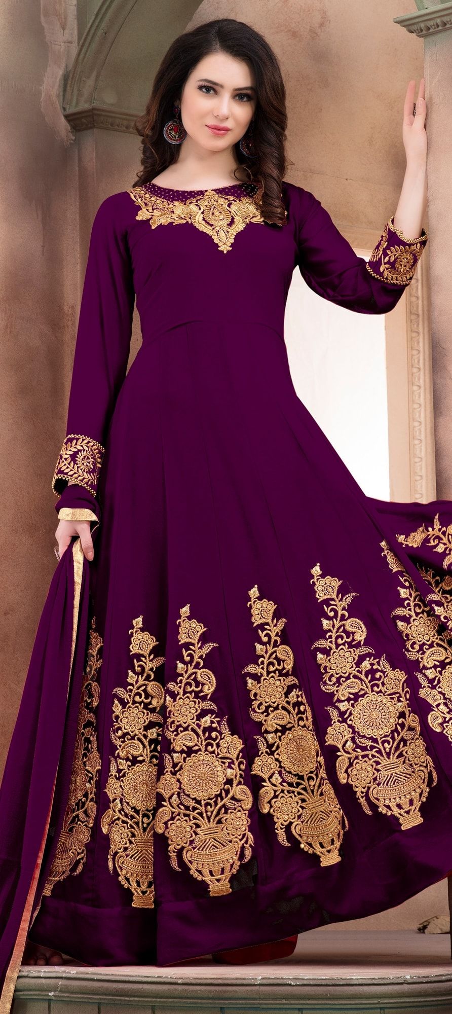 Red Purple Pant style Anarkali Semi-Stitched Salwar Kameez main image 1