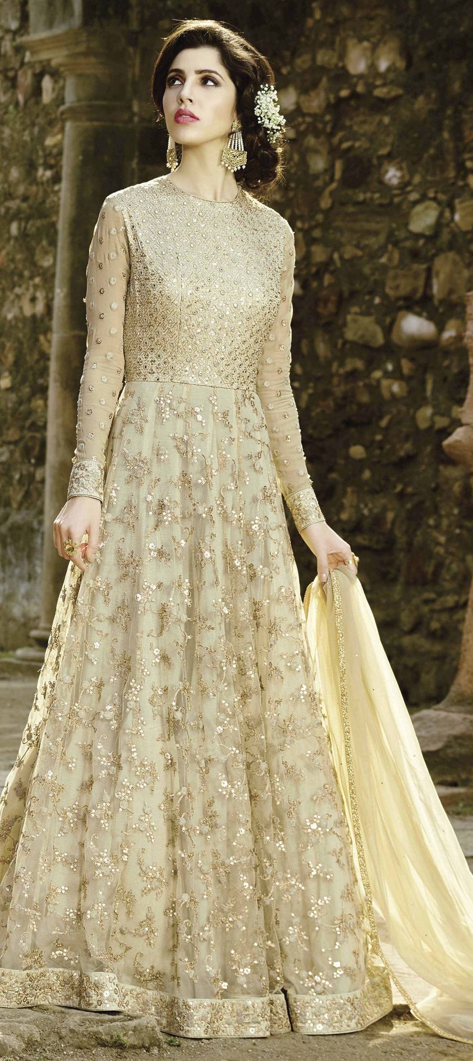Beige Peplum Pakistani Style Anarkali Suit Thread Work main image 0