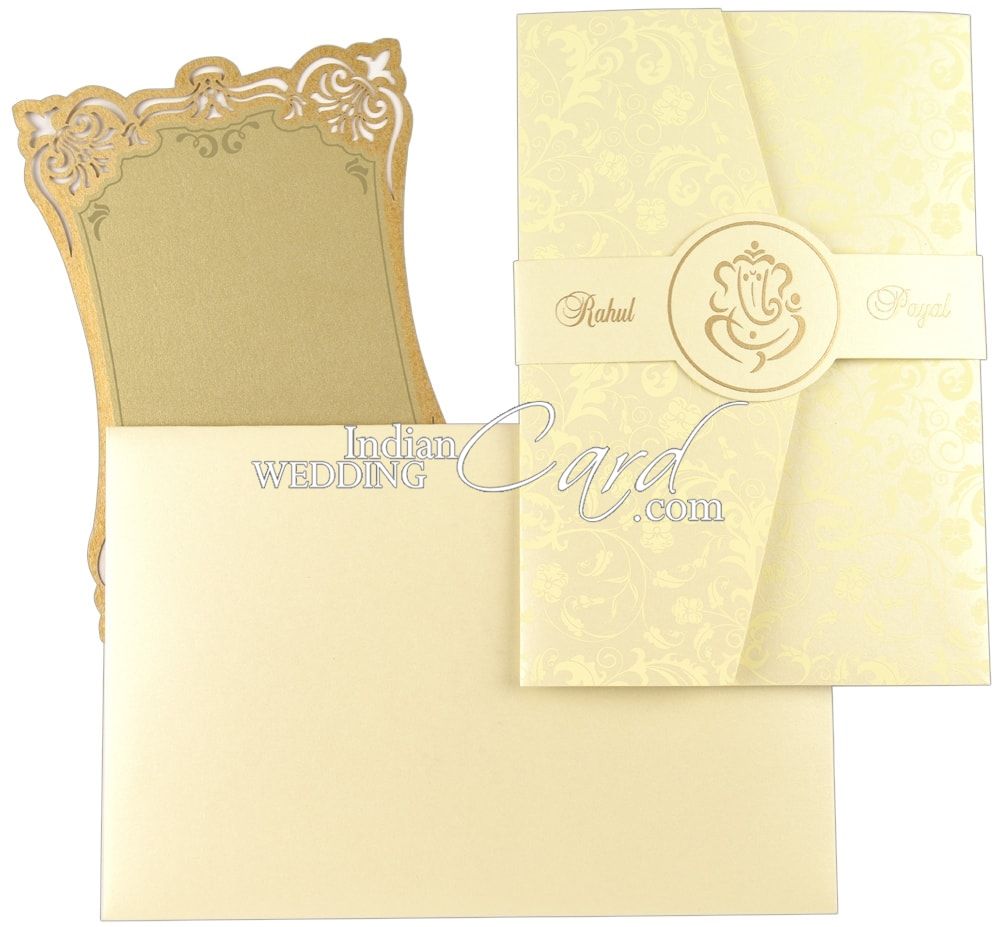 3-fold Pocket Style wedding card with band and laser cut inserts - D-8667