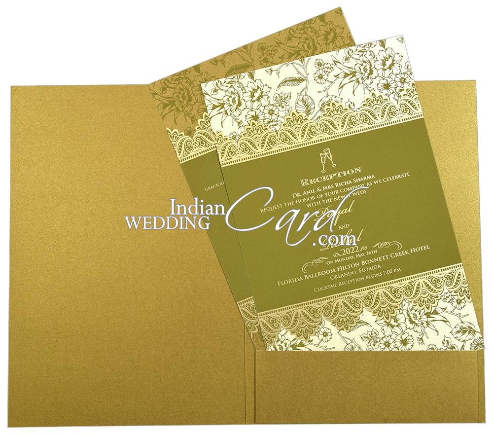 gold color floral border based sikh wedding card d9217