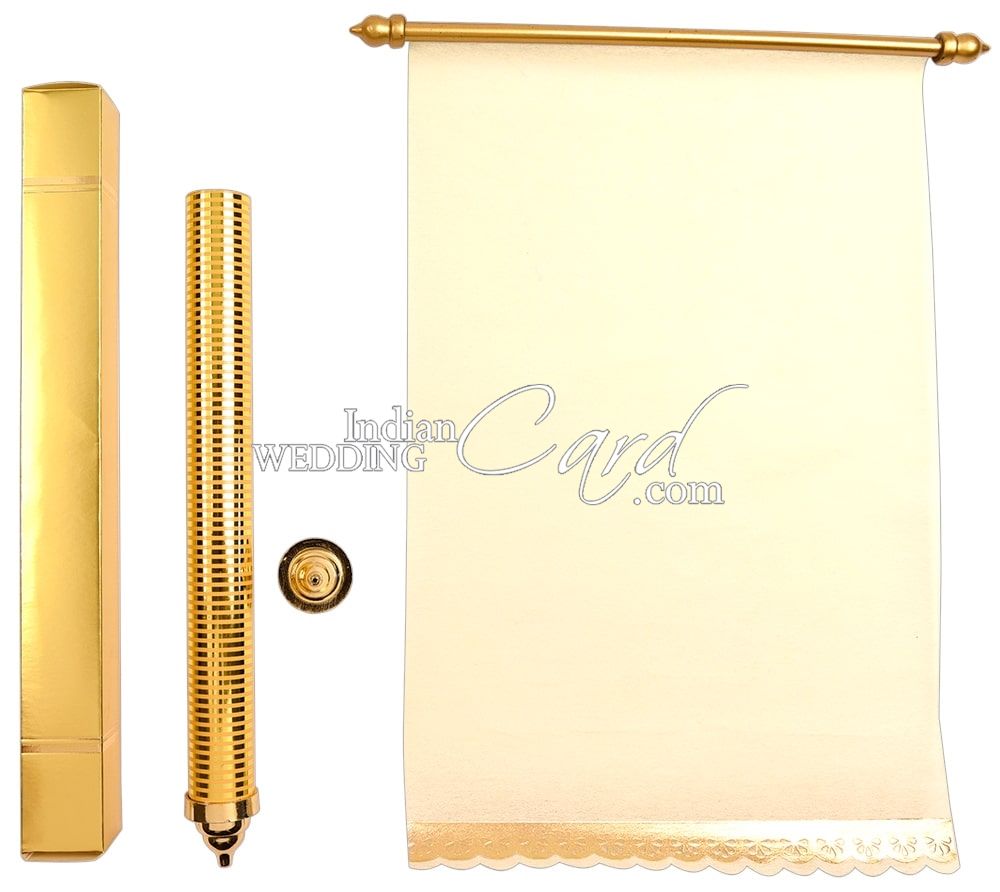 S933, Gold Color, Shimmery Finish Paper, Scroll Invitations