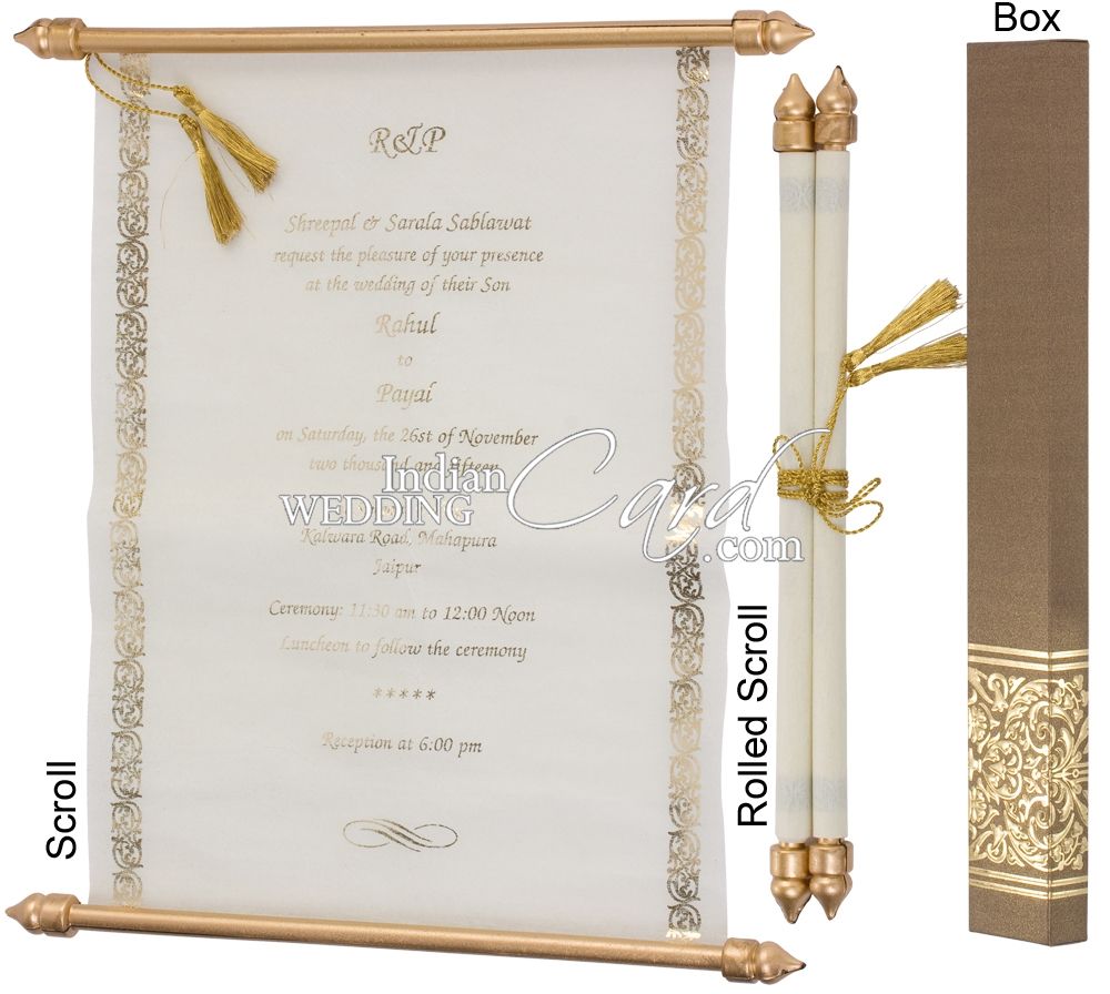 custom made and custom printed scroll invitations with boxes and