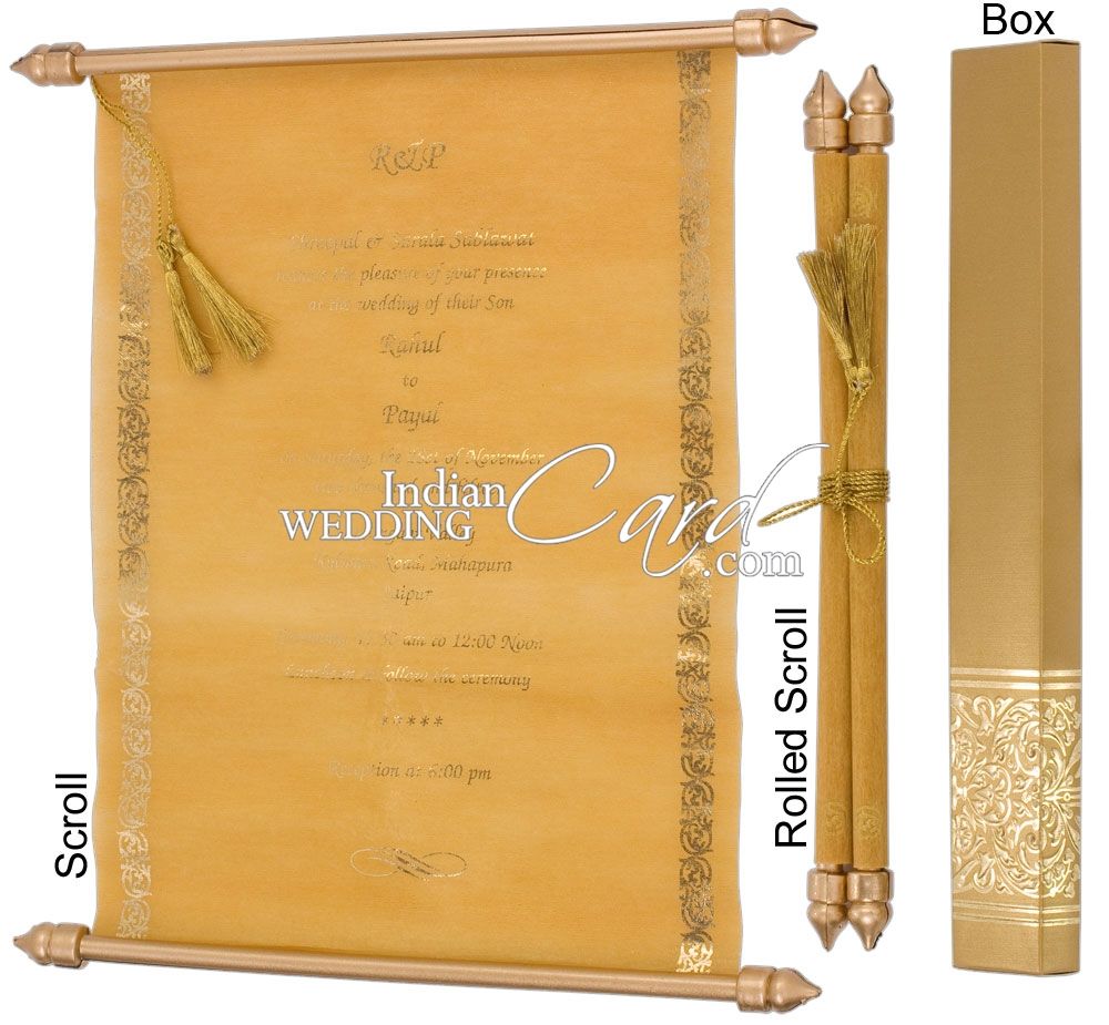 S922, Gold Color, Shimmery Finish Paper, Scroll Invitations, Jewish  Invitations, Box Scrolls.