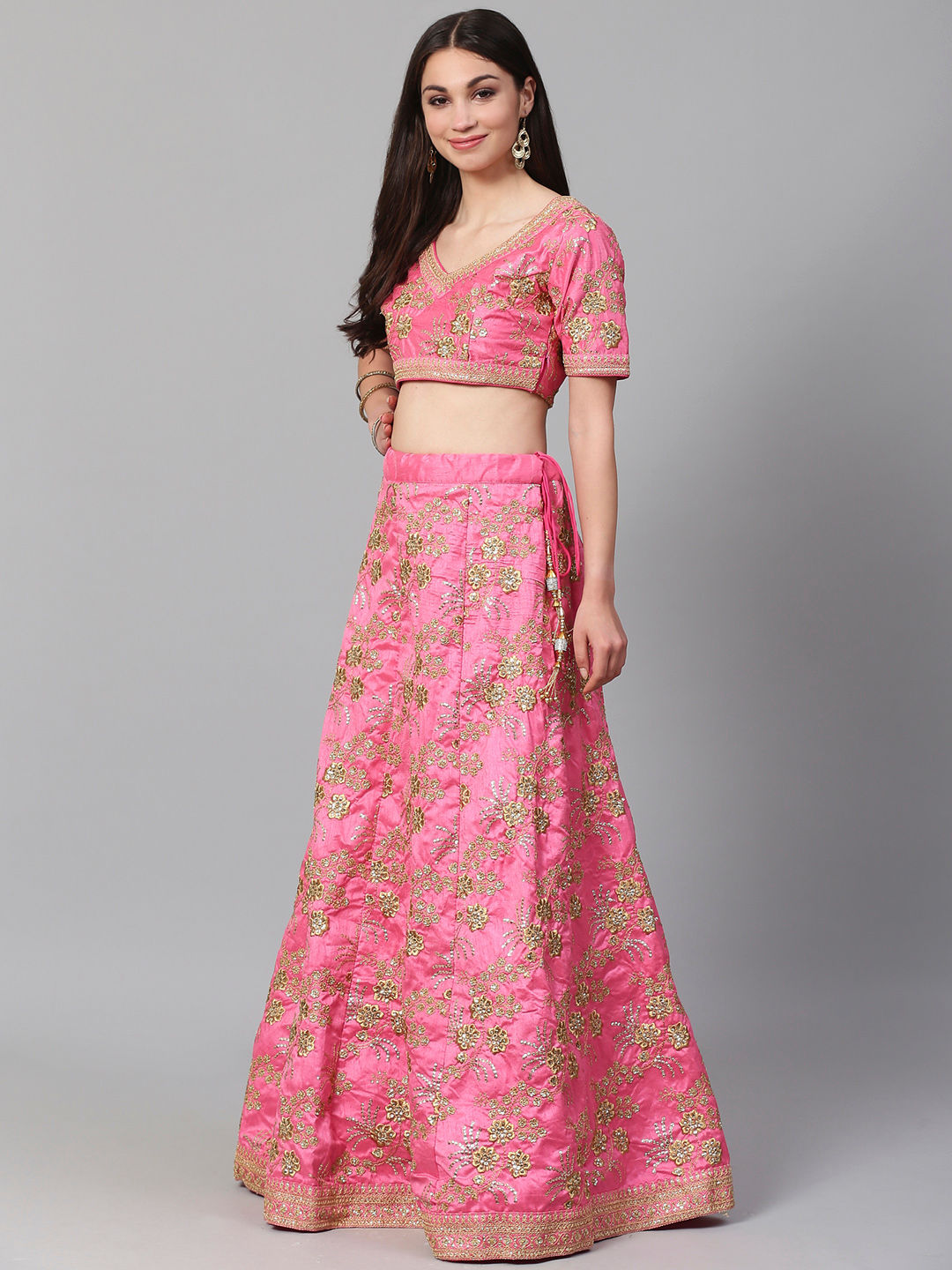 Blue & Peach-Coloured Embellished Sequinned Semi-Stitched Myntra Lehenga &  Unstitched Blouse | Indian wedding outfits, Colorful dresses, Lehenga