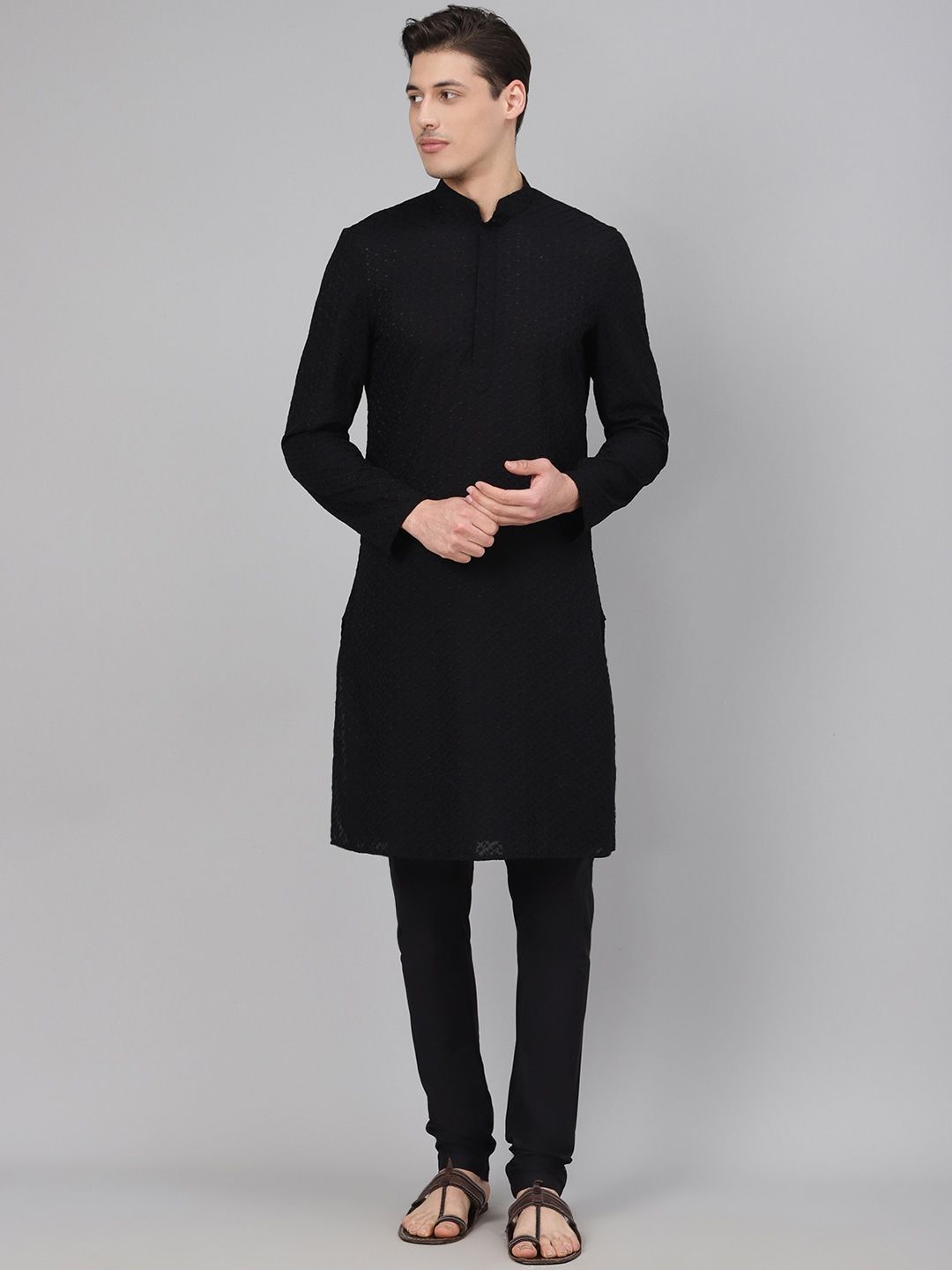 Cotton Blend Black Stitched Kurta with Chikankari Embroidered Work