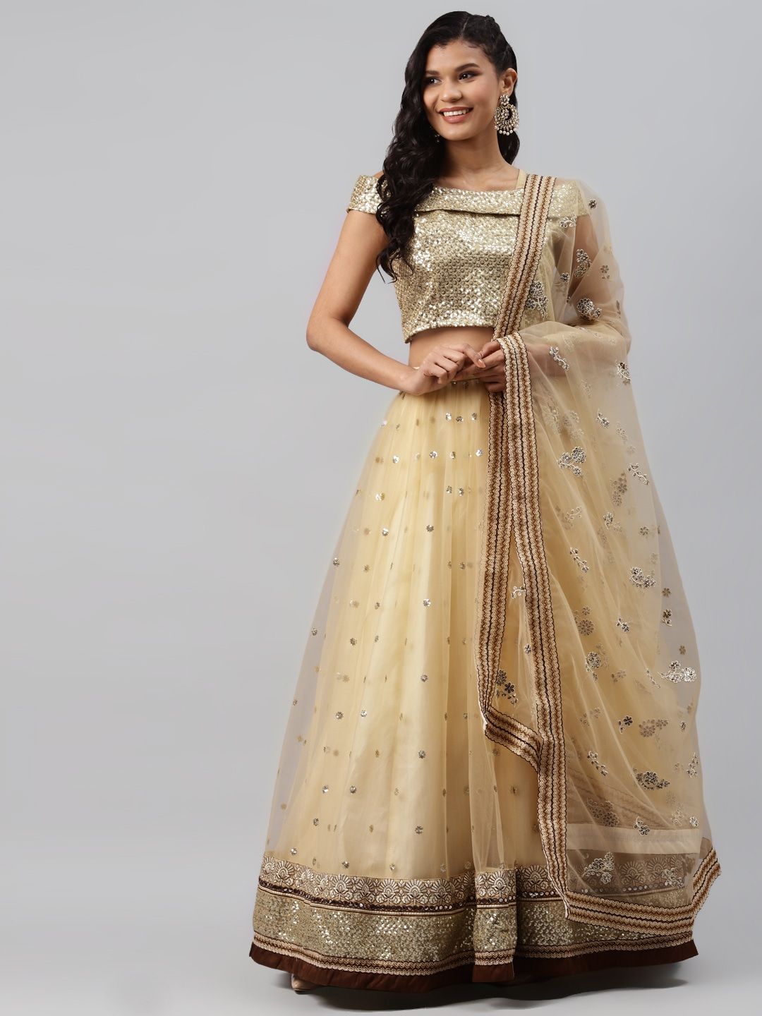 crepe material cream color sequins work lehenga choli - DRESSTIVE - 3820936