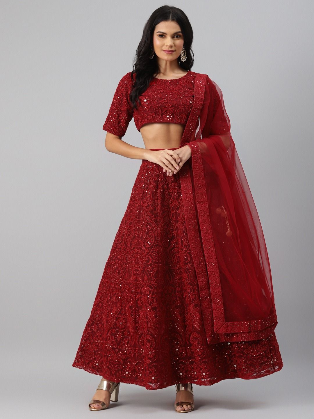 Net Fabric Maroon Colour Semi-Stitched Embroidered, Resham