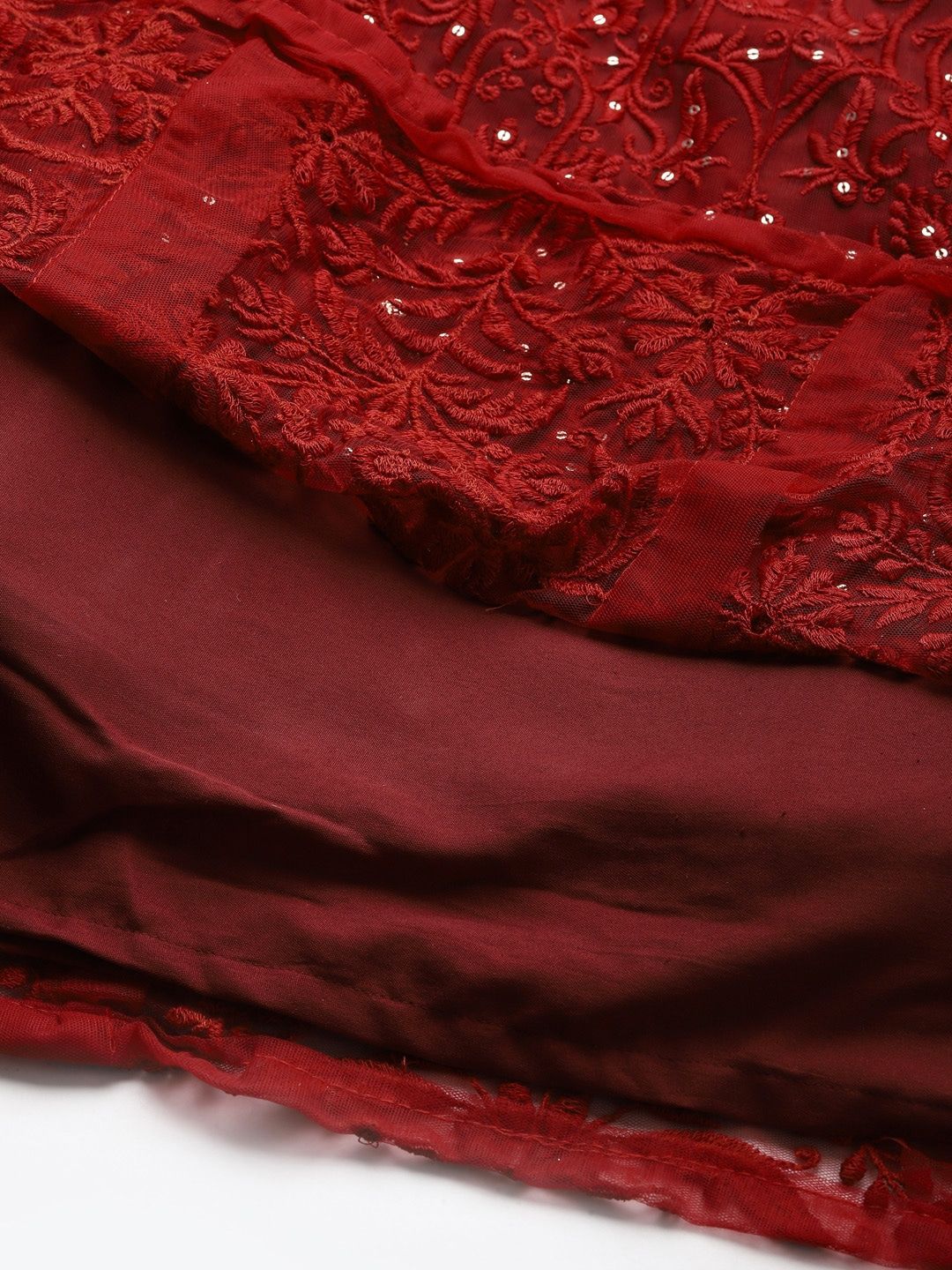 Net Fabric Maroon Colour Semi-Stitched Embroidered, Resham