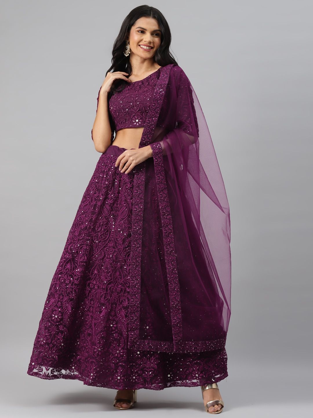 Net Fabric Purple Colour Semi-Stitched Embroidered, Resham ...