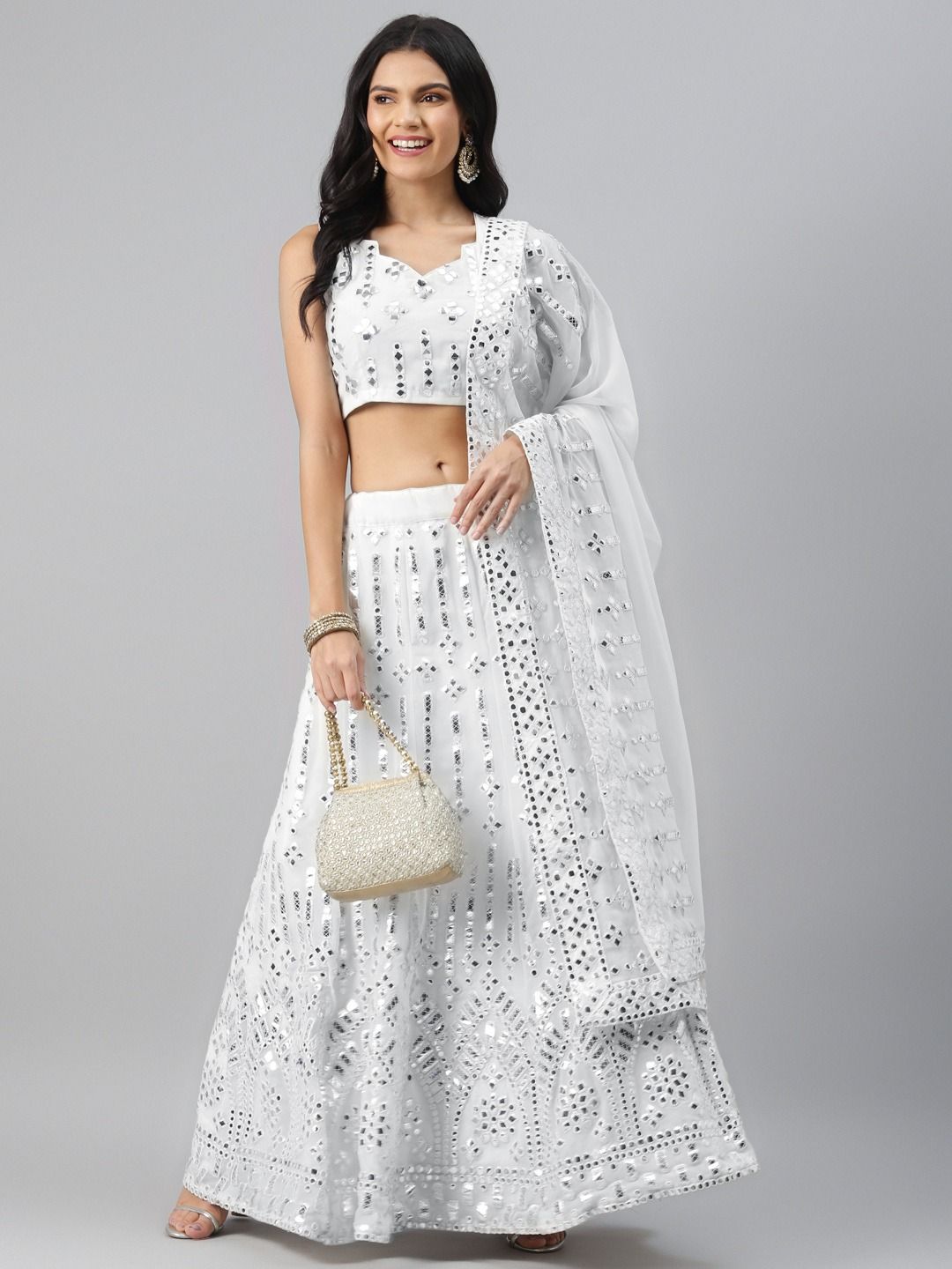 White Lehenga Choli Sequins Embroidery Work Lehenga Wedding Sari Indian  Dress | eBay