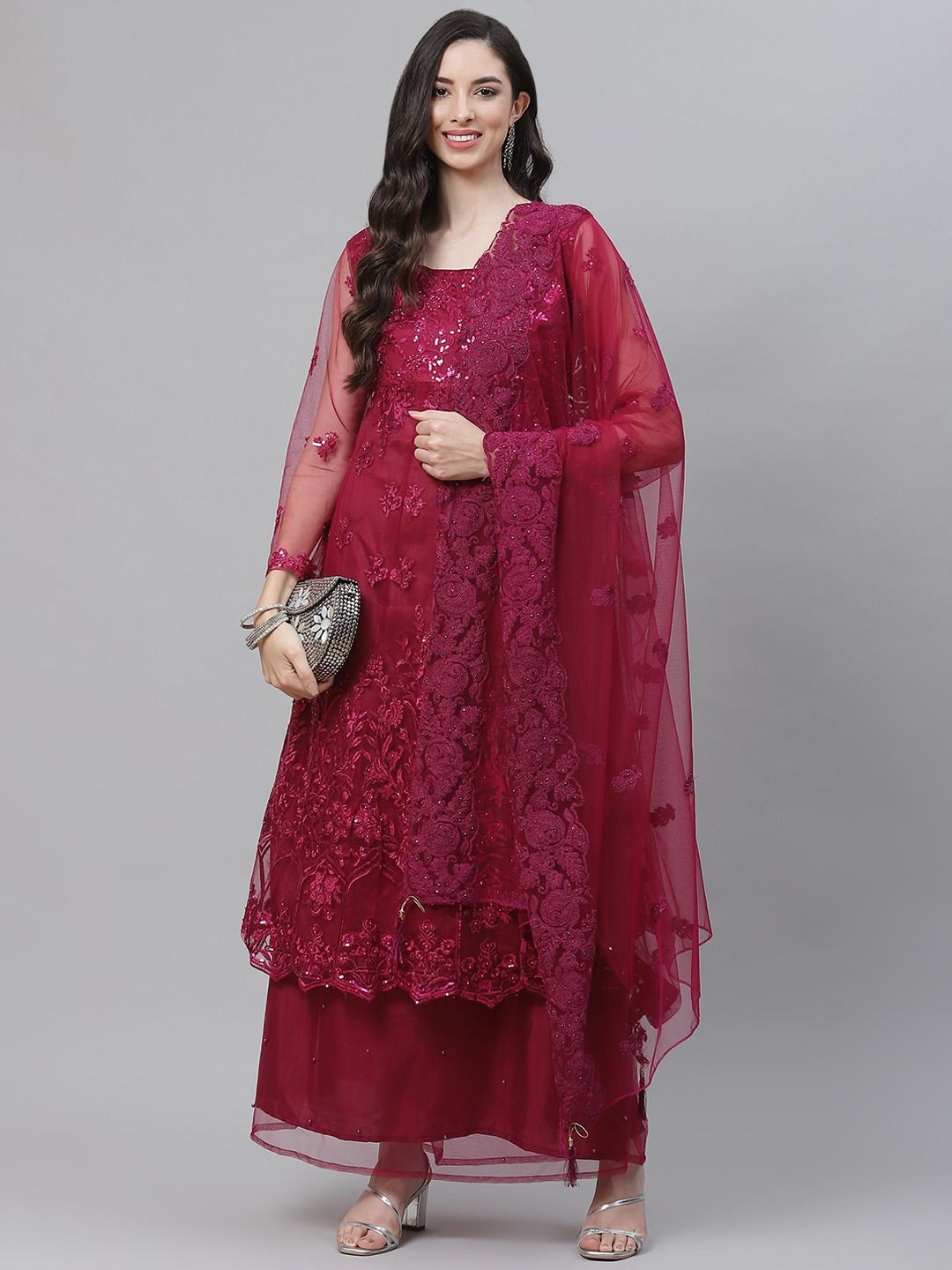 Net Fabric Pink Colour Kurta with Skirt & Dupatta in Embroidered, Resham,  Beads & Sequence work