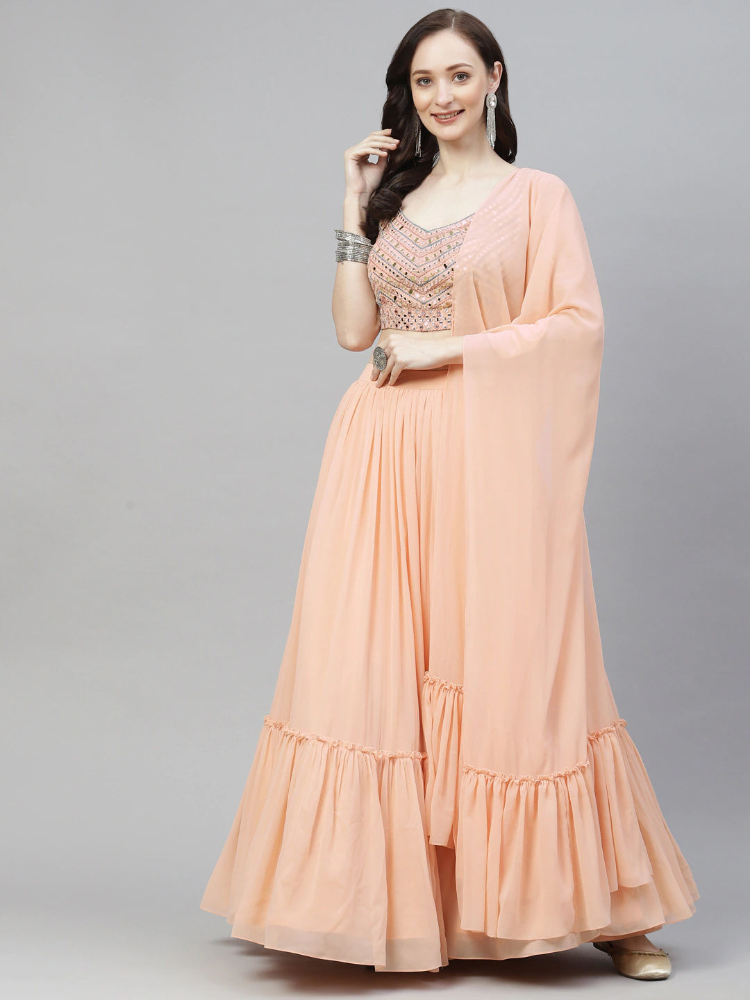 Georgette Fabric Peach Color Ruffle Style Lehenga & Choli in Resham,  Embroidered, Mirror Work with Dupatta