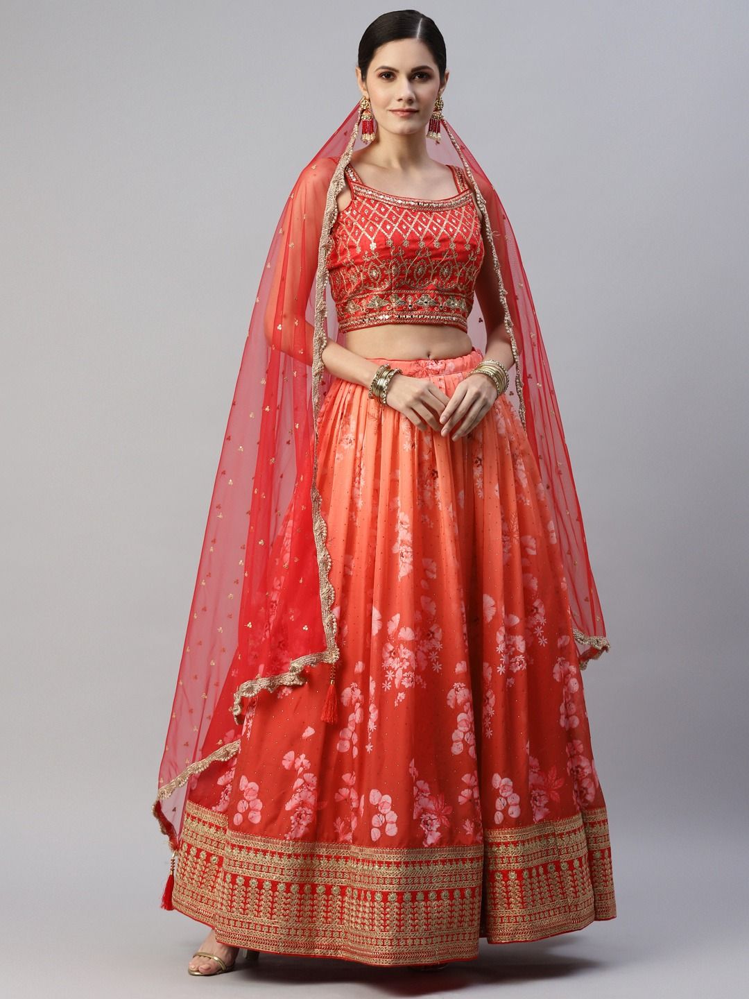 Red Organza Floral Printed Semi-Stitched Lehenga choli &