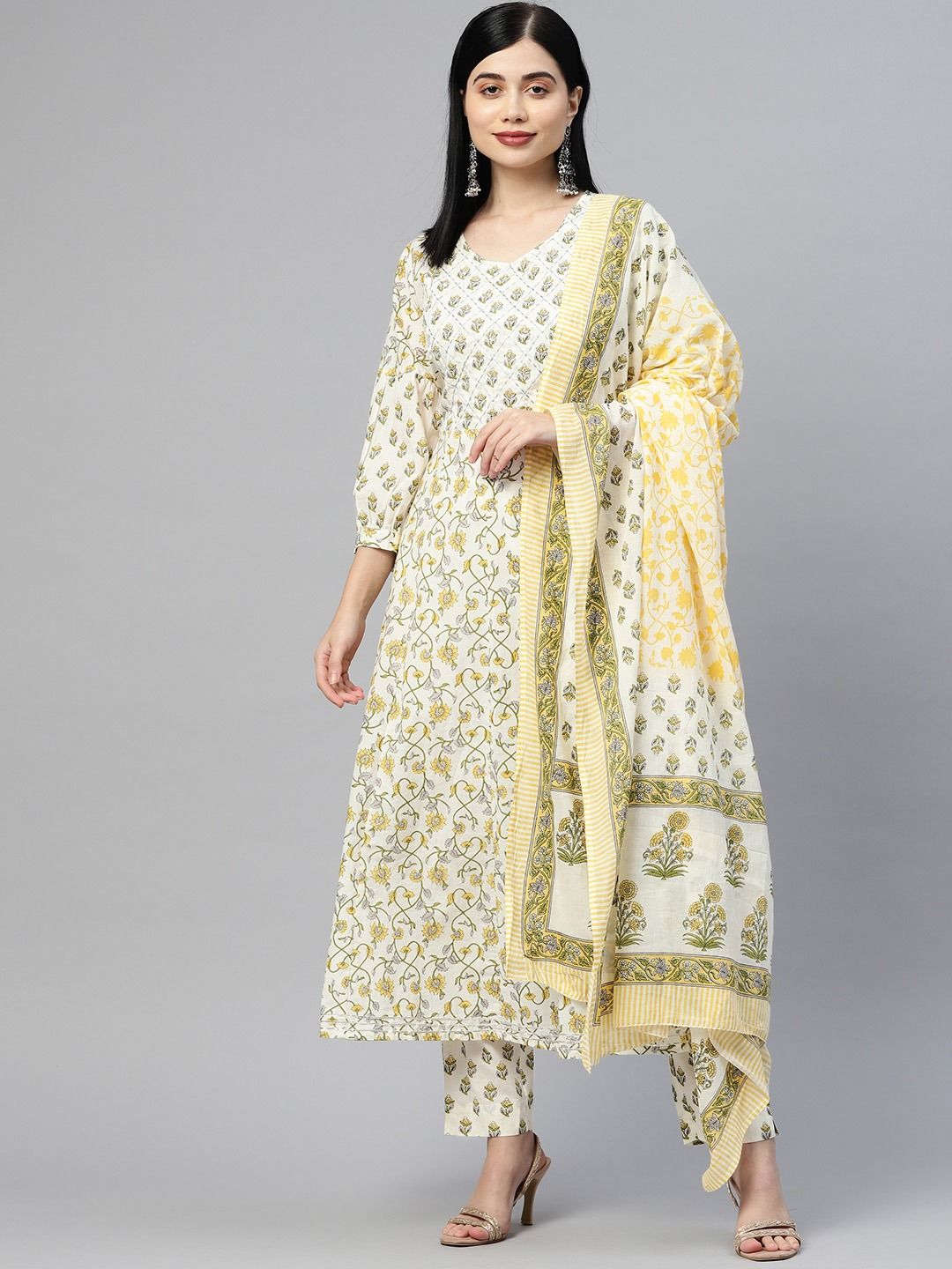 Yellow & Blue Printed 3/4Th Sleeve Cotton Anarkali Kurta