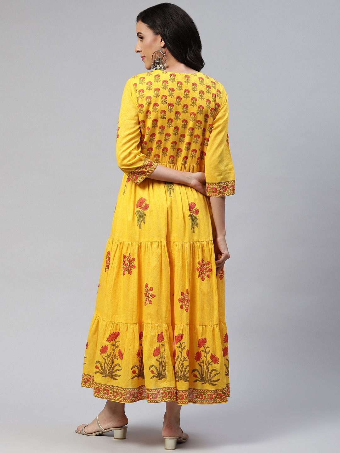 MUSTARD COLOR MODERN FLORAL DRESS WITH MATCHING FABRIC BELT