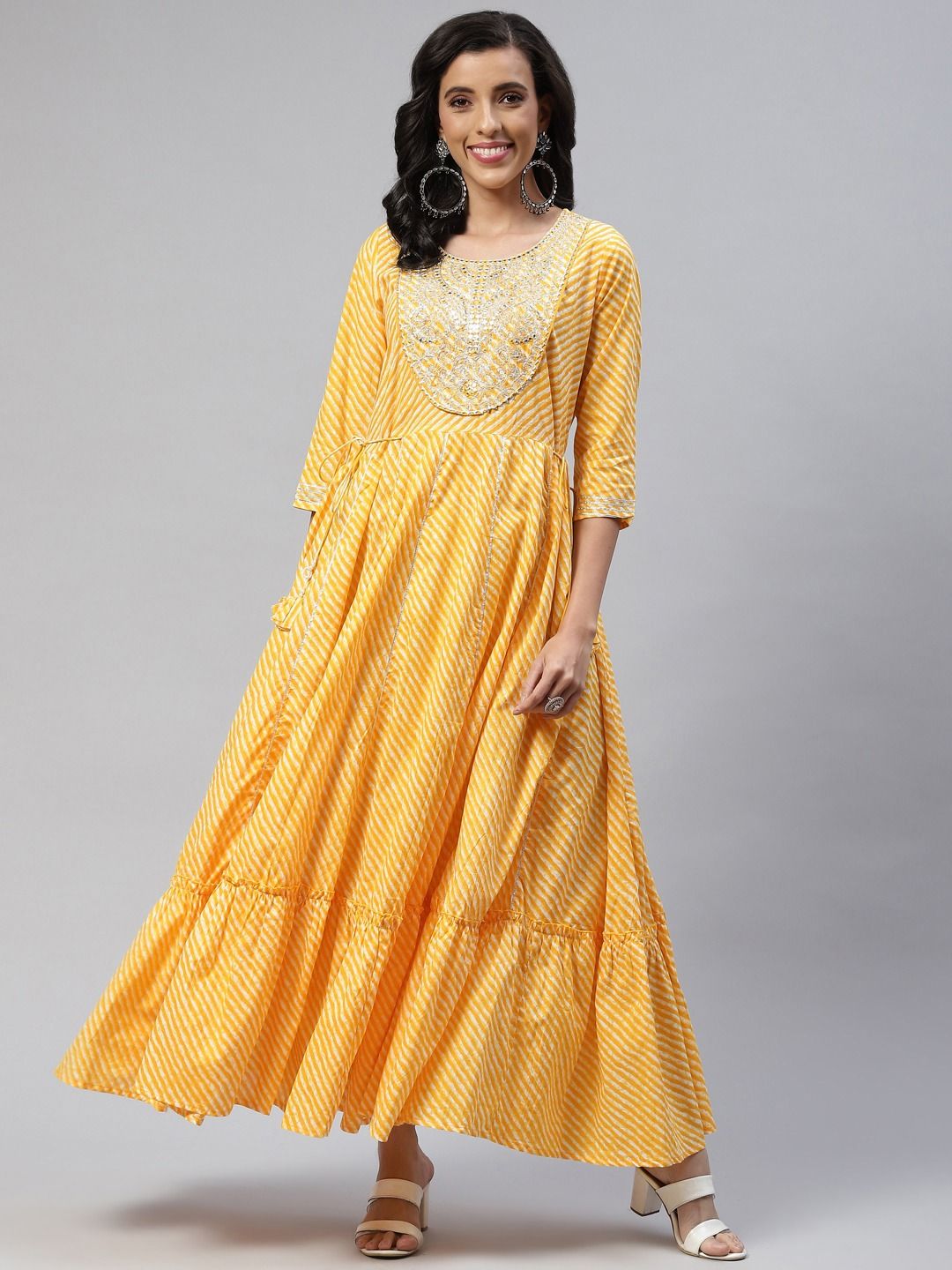 Anarkali style Cotton fabric Yellow color Leheriya Dress with Thread, Zari & Mirror work