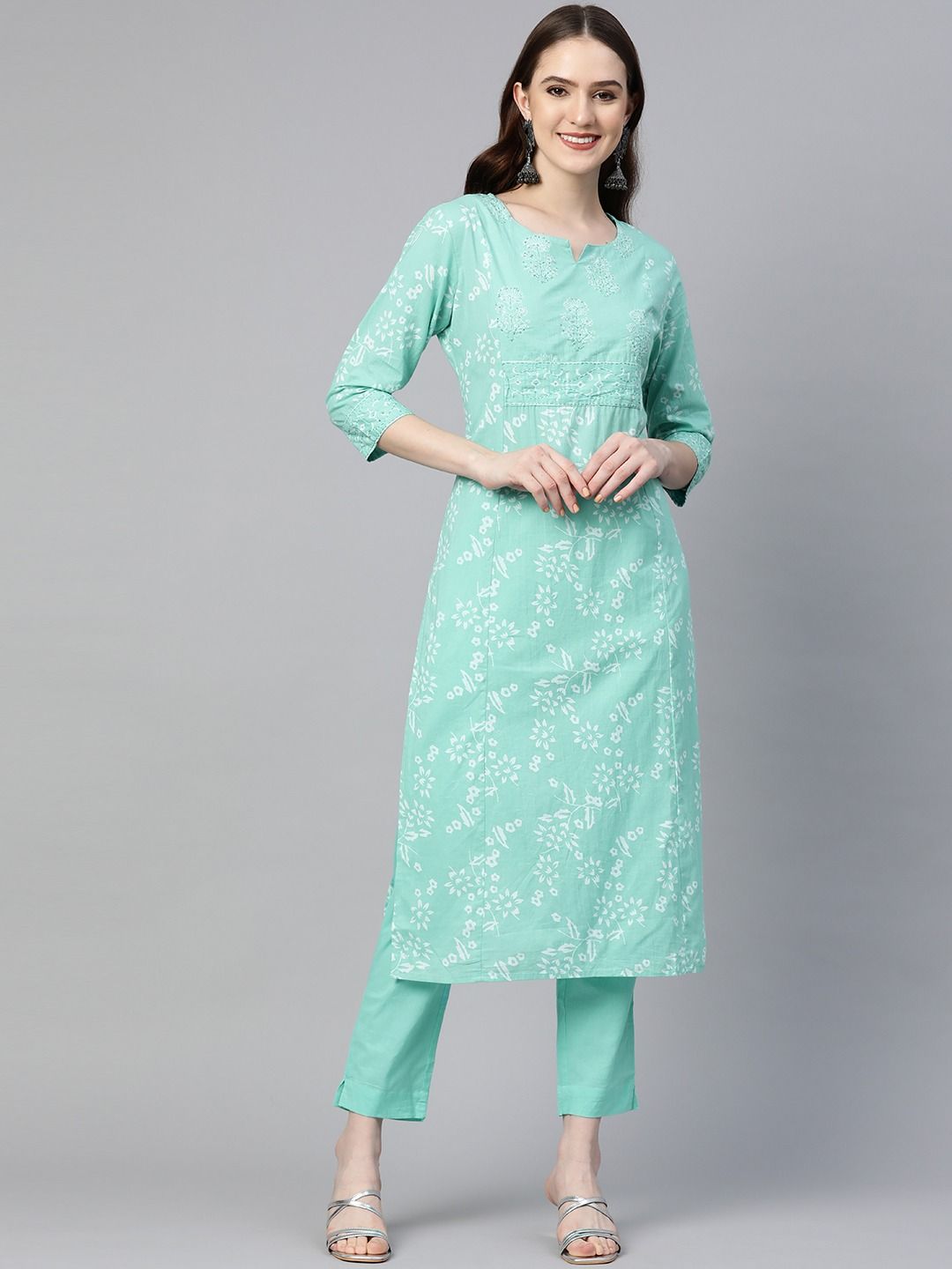 straight-style-cotton-fabric-sea green-color-kurta-with-thread-sequence-work-pyjama