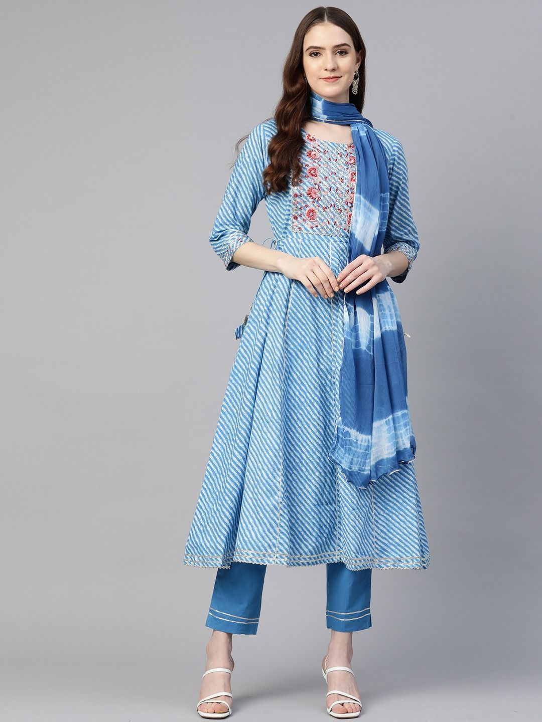 Anarkali Style Cotton Fabric Blue Color Leheriya Kurta with Thread ...