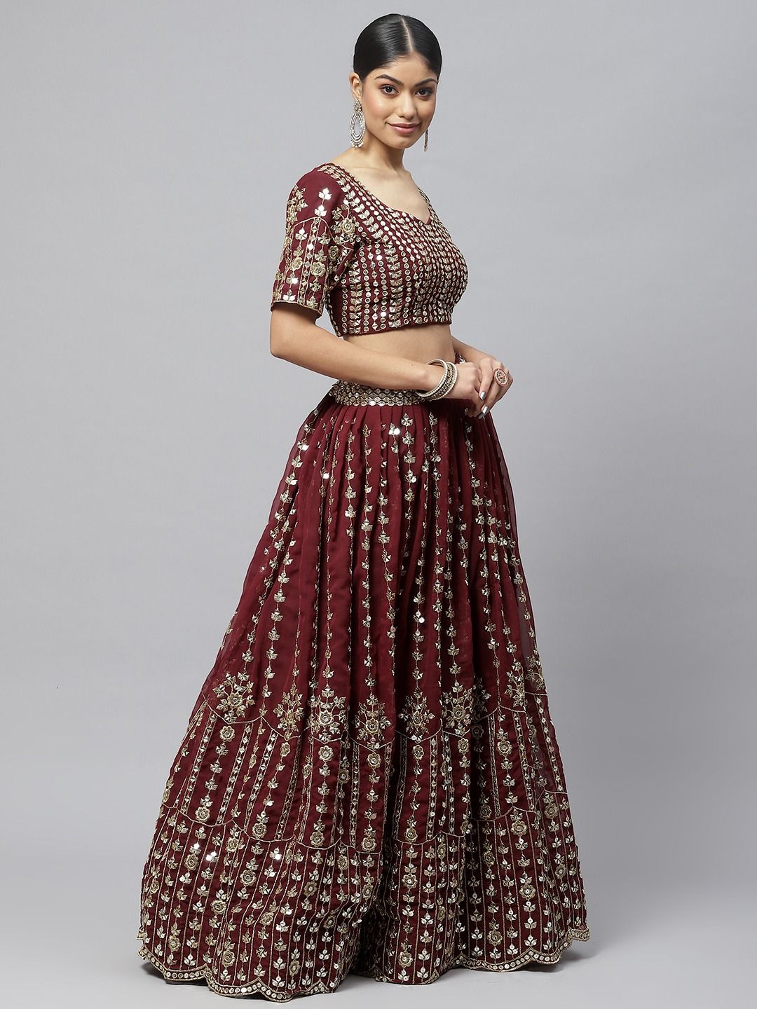 Maroon Embroidered Velvet Semi Stitched Lehenga With Dupatta - Divine  International Trading Co - 3176157