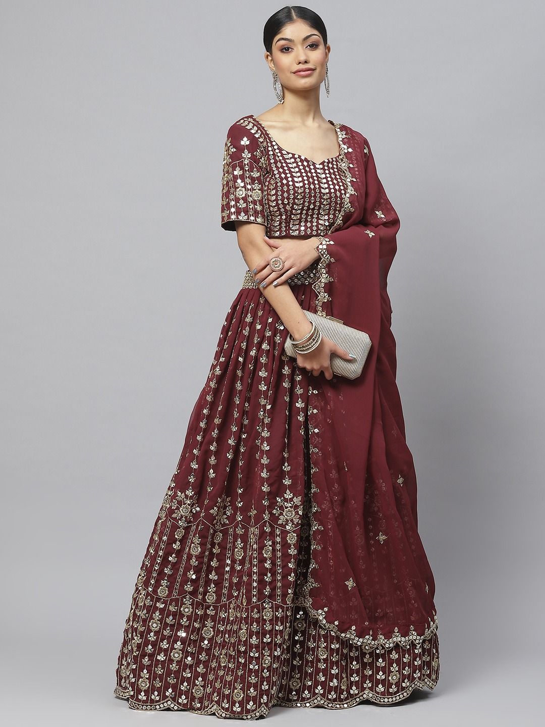 Maroon Lehenga In Crepe With Embroidery Detailing On The Waist And Bishop  Sleeved Crop Top Lehenga