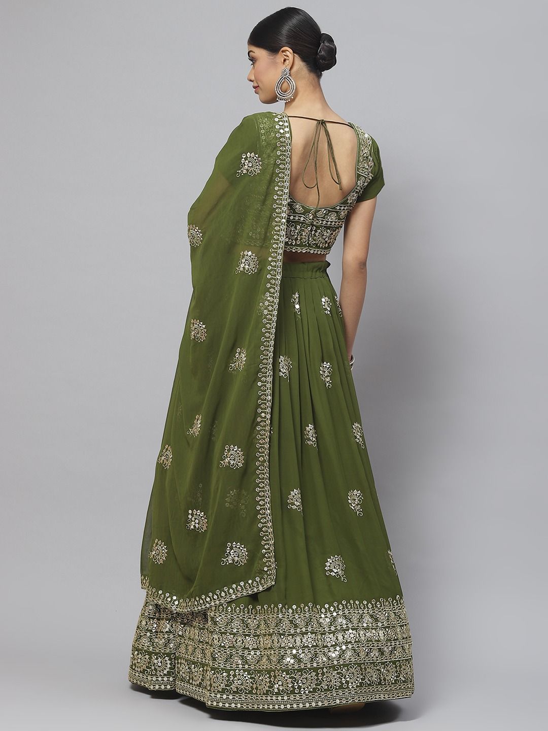 Stunning Olive Green Chinon Lehenga Choli